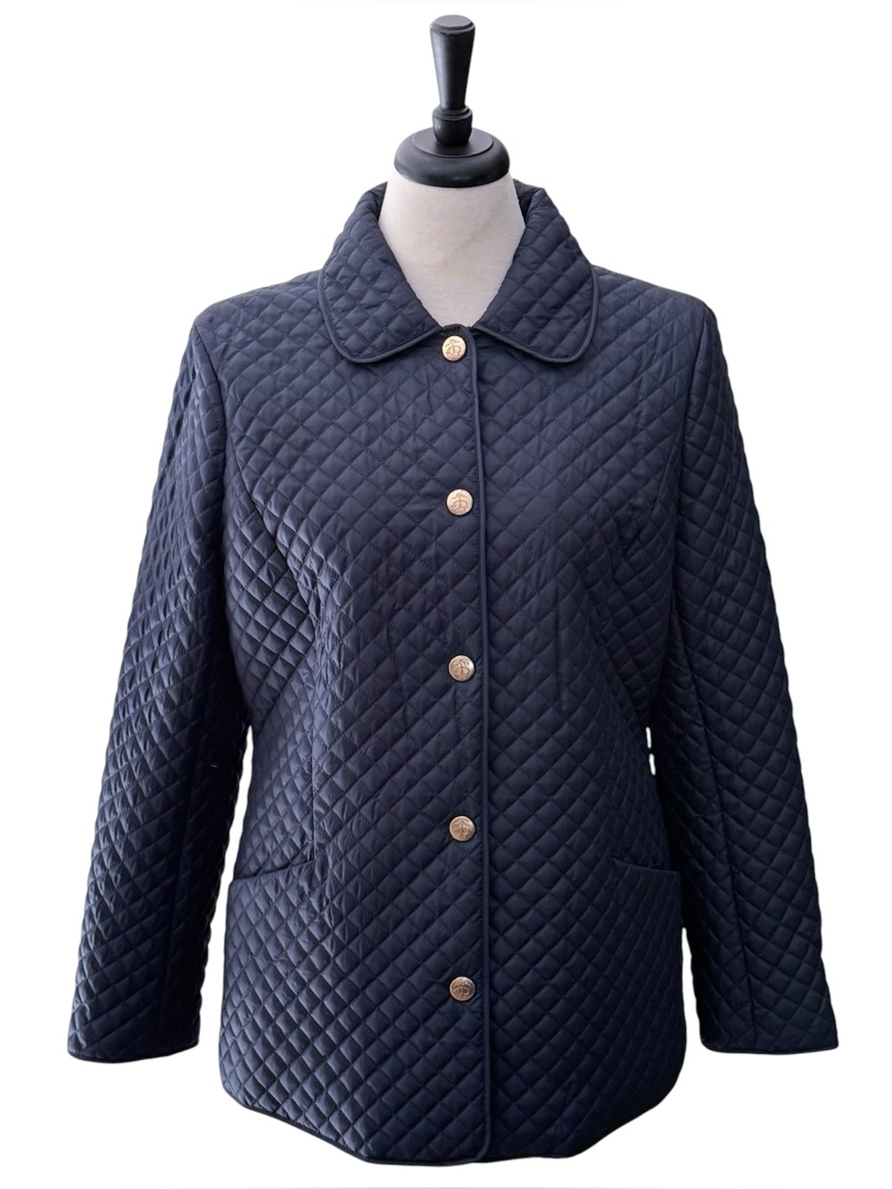 346 Brooks Brothers Navy Blue Diamond Quilted Gold Tone Logo Button Jacket
